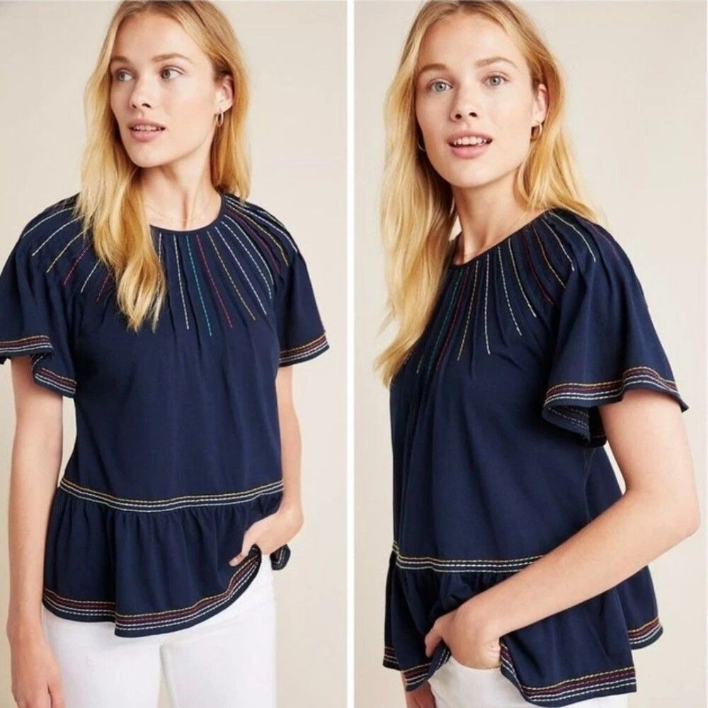 Maeve Anthropologie Women's Size XS Navy Blue Embroidered Chamonix Peplum Top
